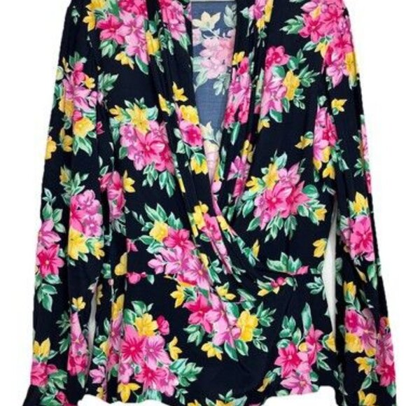 Vintage Evan Picone Size 12 Woman's Floral Wrap Snap Peplum Long Sleeve Blouse - Picture 1 of 10